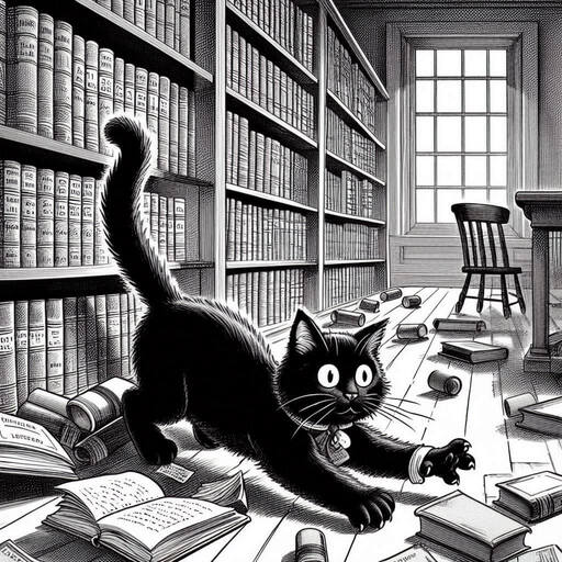 Okładka lekcji: kot buszujący w bibliotece / Źródło: AI