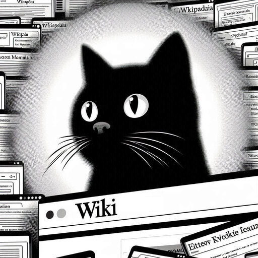 Okładka lekcji: mordka czarnego kota na tle interfejsu Wikipedii / Źródło: AI