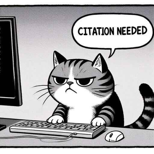 Okładka lekcji: czarny kotek edytuje Wikipedię z komentarzem 'Citation needed' / Źródło: AI